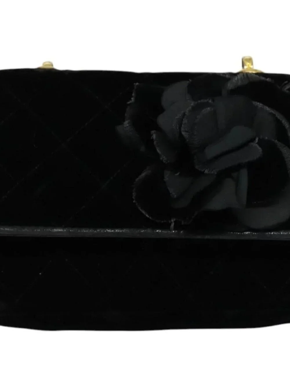 CHANEL Matelasse Camellia Chain Shoulder Bag Velor Black Gold CC Auth bs26015
